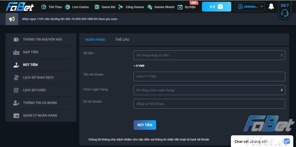 Hướng dẫn cách rút tiền Fabet qua thẻ ngân hàng