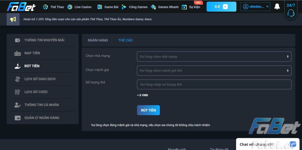 Hướng dẫn rút tiền tại Fabet qua thẻ cào