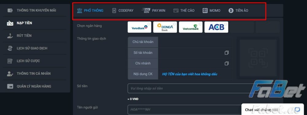 Người chơi chọn hình thức nạp tiền phù hợp