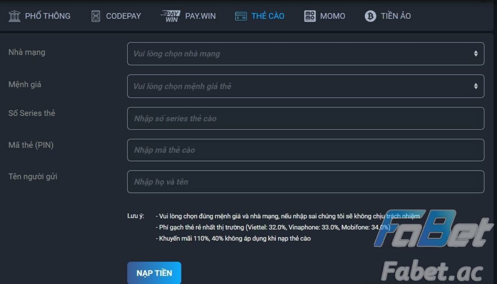 Nạp tiền Fabet qua thẻ cào như thế nào?