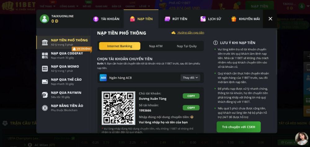 Hướng dẫn cách nạp tiền phổ thông tại nhà cái 11Bet