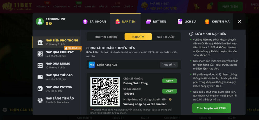 Hướng dẫn cách nạp tiền 11Bet qua CodePay