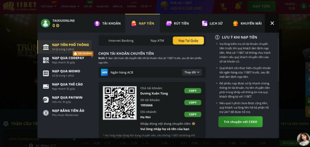 Hướng dẫn cách nạp tiền 11Bet qua Momo