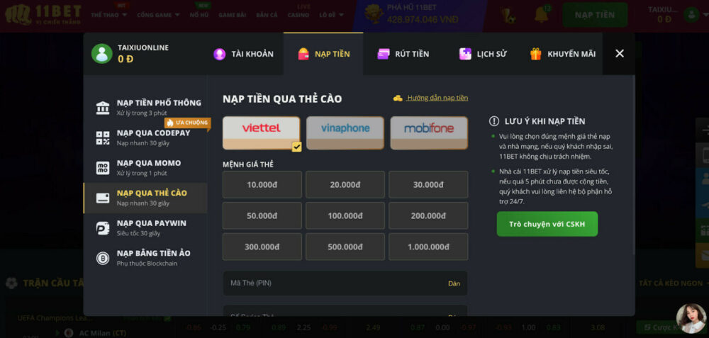 Hướng dẫn cách nạp tiền 11Bet qua thẻ cào