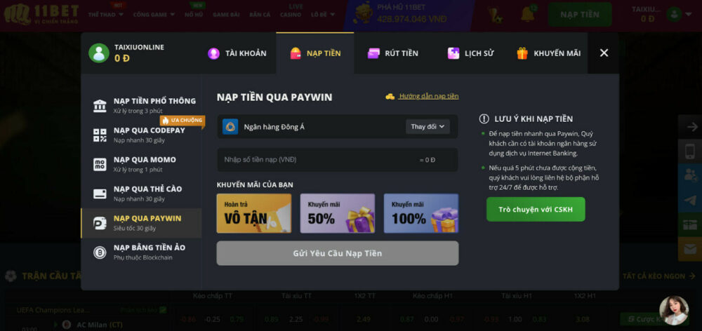 Hướng dẫn cách nạp tiền 11Bet qua PayWin