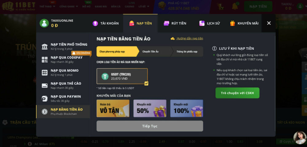 Hướng dẫn cách nạp tiền 11Bet bằng tiền ảo